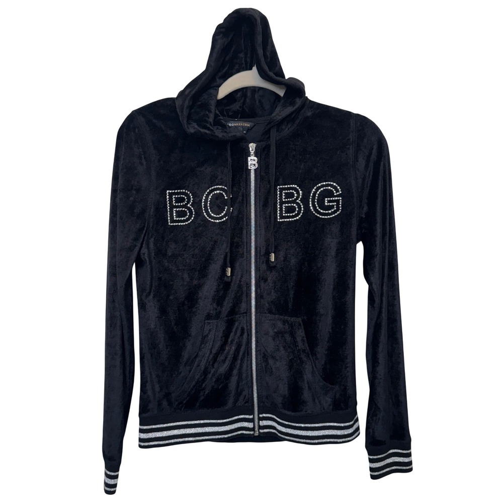 BCBG Max Azria Y2K Velour Hoodie M Black Rhinestone Dragon McBling Retro Sparkle